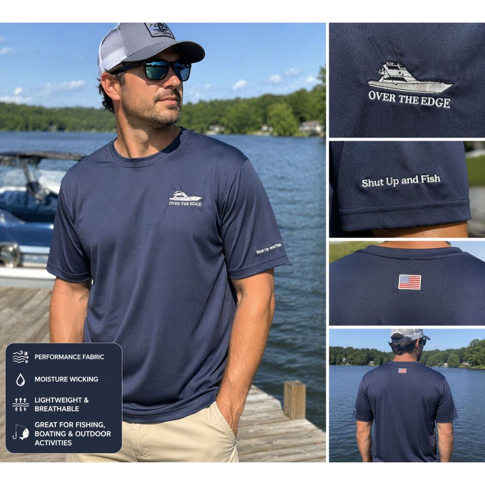 Fishing Graphic Tee Mens XL Navy Performance Shirt Boat USA Flag Outdoor
